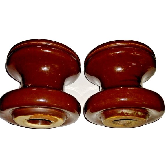 Vintage 2 Porcelain Brown  Spool insulators No Id Markings 3" x 2-7/8" - Picture 1 of 6
